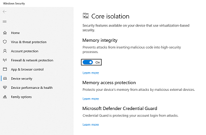 The core isolation page of Windows Security