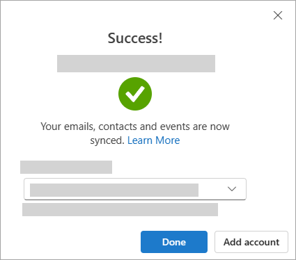 Screenshot showing success window when adding a Google account