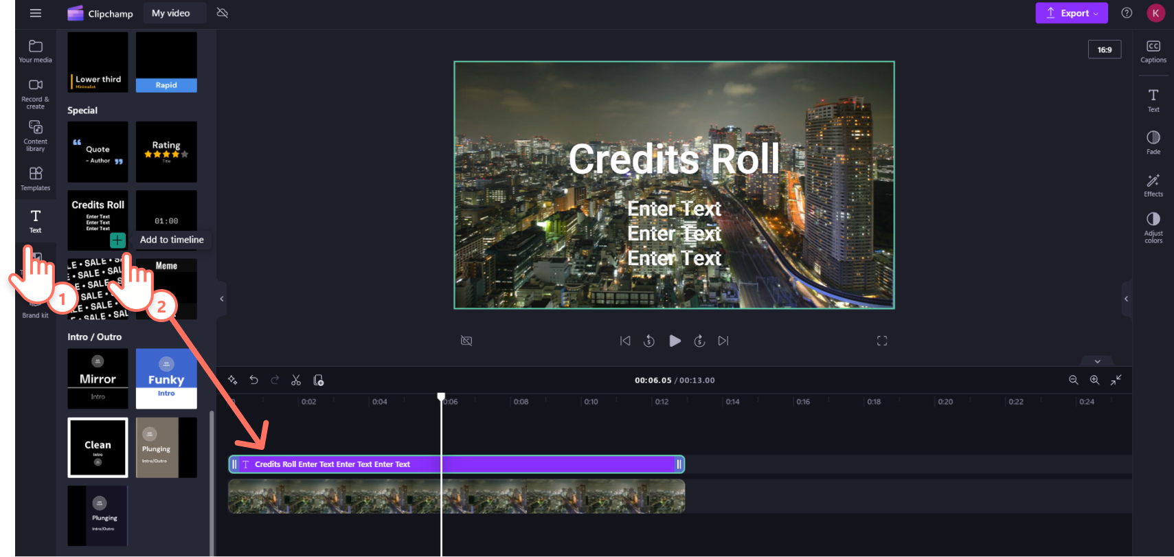 Screenshot of a Clipchamp user adding credits roll text to the editing timeline