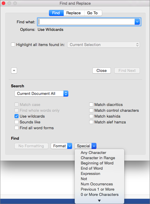 Using wildcards in the Find and Replace dialog box