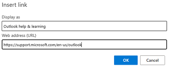 The Insert link dialog box in Outlook on the web.