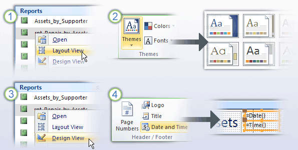 Changing a report in Layout and Design views