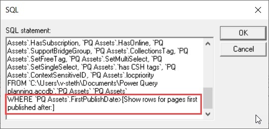 SQL view of MS Query emphasizing the WHERE clause