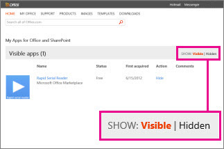 Show visible or hidden apps for Office