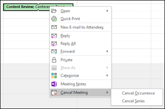 Right-click to cancel a meeting.