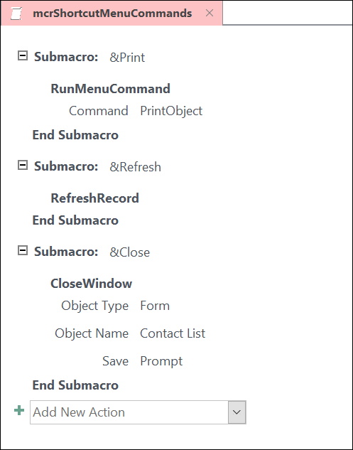 Screenshot of Access macro design window with three submacro statements.