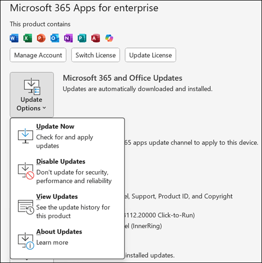 The File > Account window with Update Options expanded to show Update Now and other options.