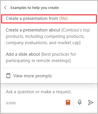 Screenshot of Copilot in PowerPoint menu with Create a presentation from file prompt highlighted