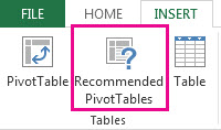 Recommended PivotTables on the Insert tab in Excel