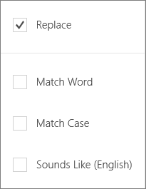 Shows the Find options for Word Mobile: Replace, Match Word, Match Case, Sounds Like.