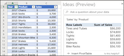 Image of the Ideas pane in Excel for the web
