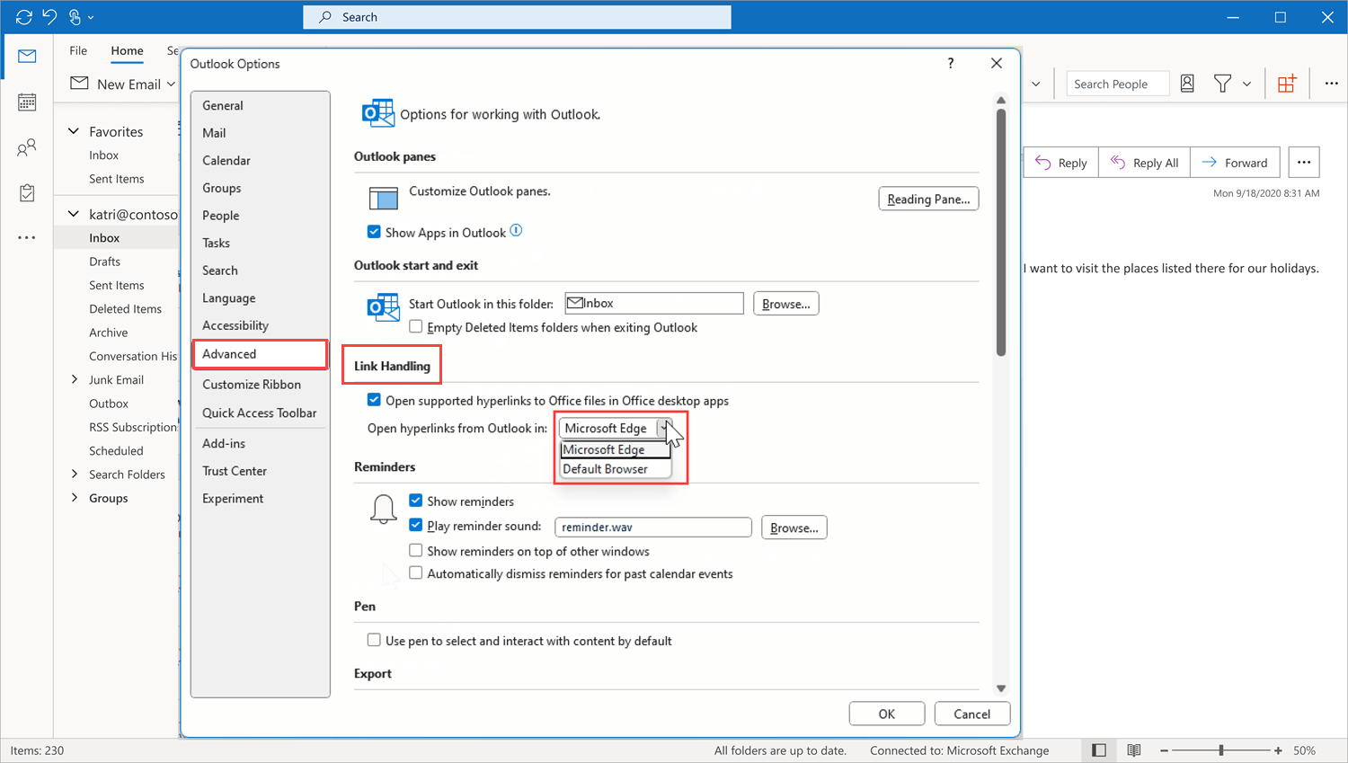 Manage link handling under Advanced in Outlook Settings.