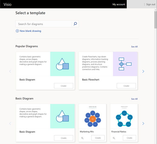Browse or search for templates and sample diagrams on the Visio landing page.