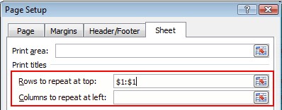 Print titles options highlighted in Page Setup dialog box