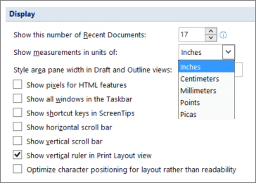 Screenshot shows the option selected to show vertical ruler in Print Layout view and options for units of measurement such as inches or centimeters