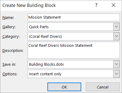 The Create New Building Block dialog box