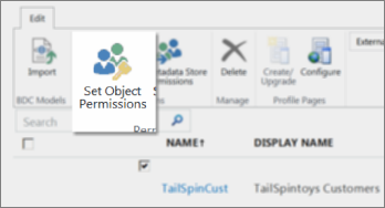 Screenshot of SharePoint Online Admin Center under BCS. Shows the Set Object Permissions button in the ribbon.