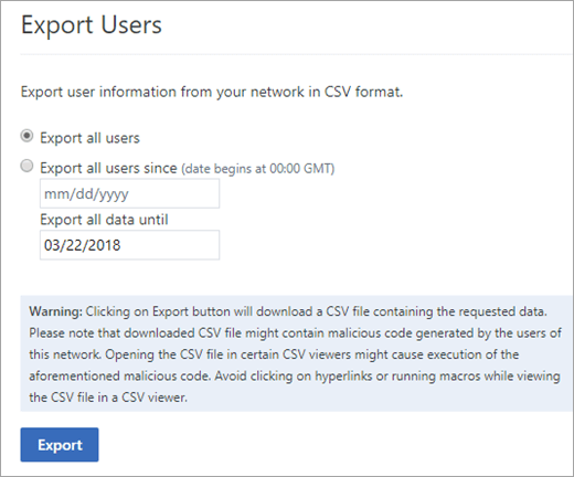 Yammer Export Users options - Export all users or Export all users since (date)