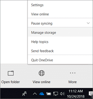 A screenshot of the new OneDrive for Business sync client menu with Manage storage selected.