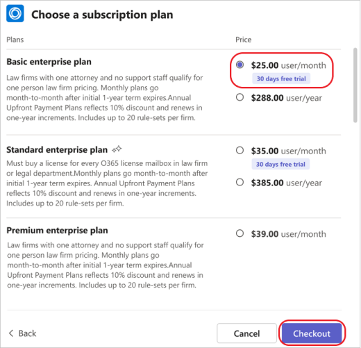Select the subscription plan for an app