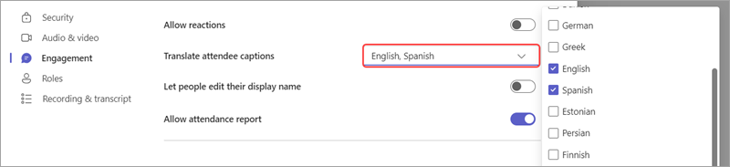 Meeting option showing how to add languages for live translated captions in an event.