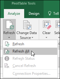 Refresh all PivotTables from the Ribbon > PivotTable Tools > Analyze > Data, click the arrow under the Refresh button and select Refresh All.