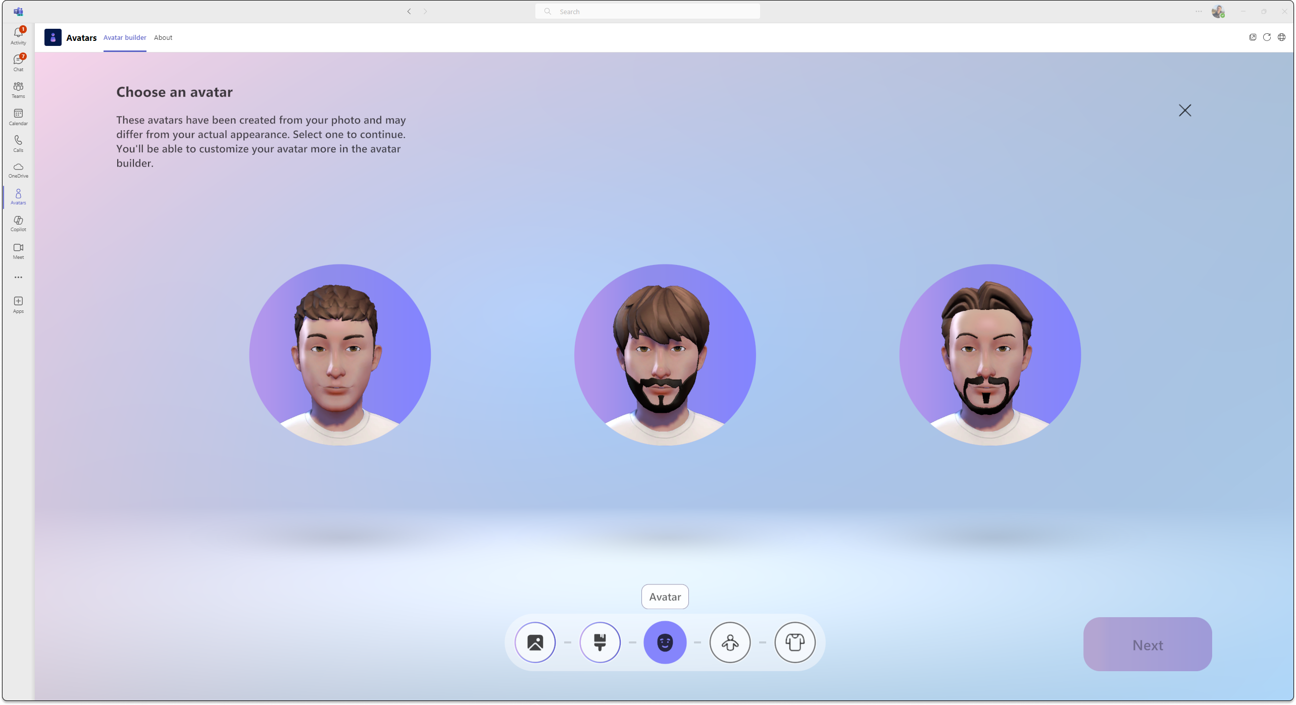 Screenshot of avatars app in teams showing 3 options for your avatar that were generated from an image you submitted to generate your avatar.