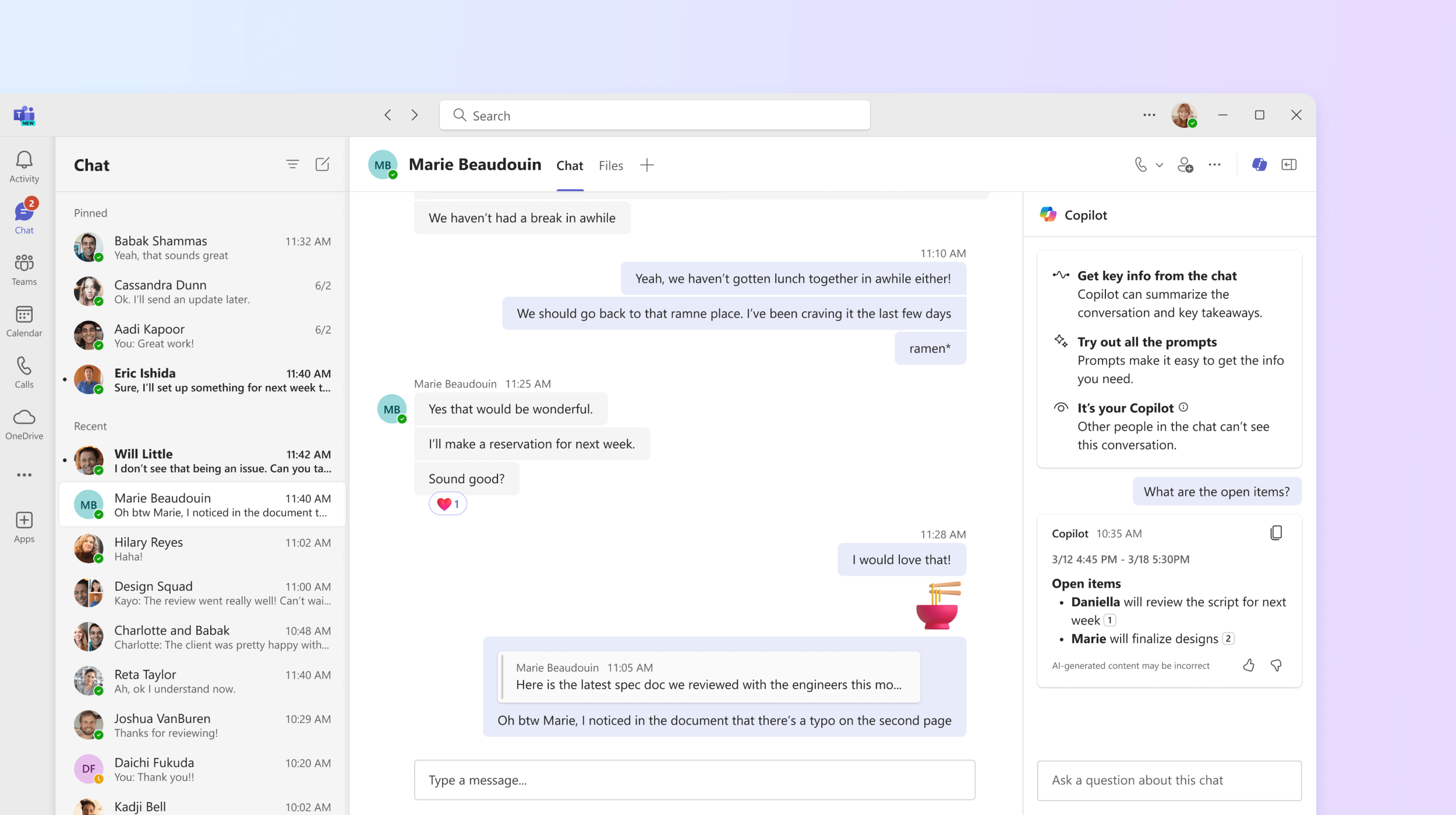 Screenshot shows Copilot in Teams chat answering a question about the open items from the meeting.