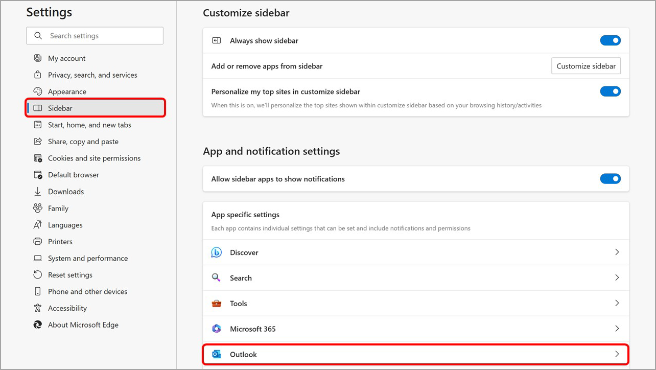 Customize your Microsoft Edge Sidebar from the Sidebar settings page.