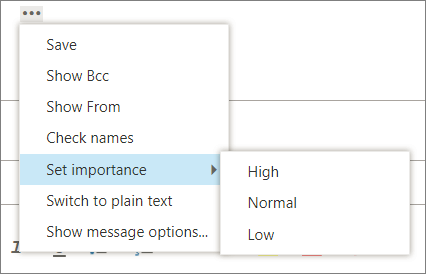 A screenshot shows the additional options available for messages with the option for Set importance highlighted, displaying values of High, Normal, and Low.
