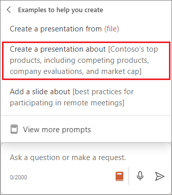 Screenshot of the Copilot in PowerPoint menu with the Create a presentation prompt highlighted