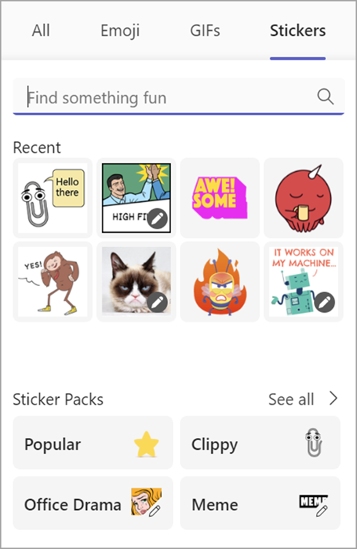 Screenshot showing memes and stickers in the fun picker