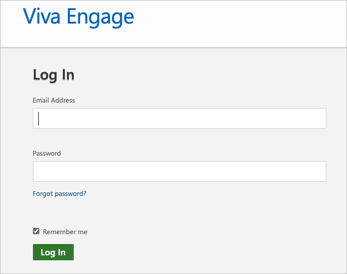 Screenshot shows the screen where you enter the email address and password associated with your Viva Engage account.