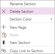 Delete section option highlighted in the section context menu in OneNote for Windows 10.
