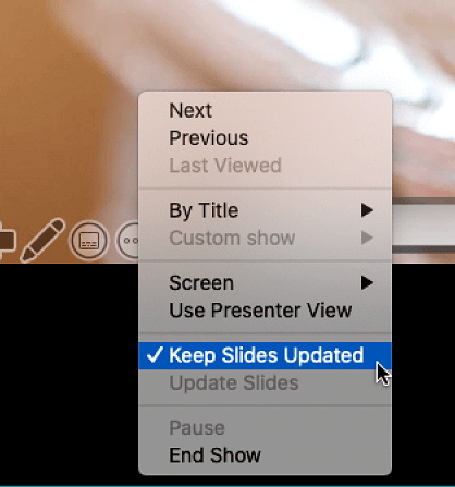 The More Options context menu in Presenter view showing Keep Slides Updated selected.