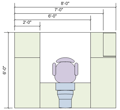 A cubicle shape with dimensioning shapes showing measurements.