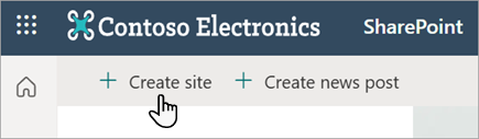 Screenshot showing the Create site command in SharePoint online.