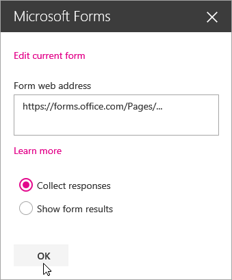 Once a new form has been created, the Microsoft Forms web part panel shows the form web address.