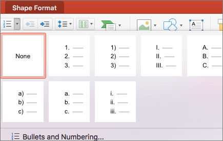 Screenshot of numbering styles available when you select the arrow on the Numbering button
