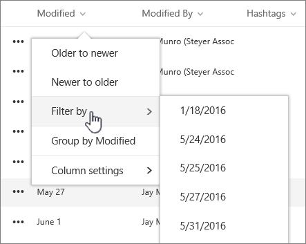 Column sort and filter view menu