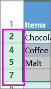 select the range of headers around hidden rows or columns