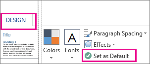 Save as Default option for Word Themes found on the Design tab