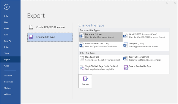 Screen shot of the Export: Change FIle Type interface