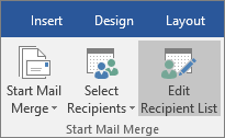 As part of Word mail merge, on the Mailings tab, in the Start Merge Group, choose Edit Recipient List.