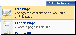 Site Actions menu showing Edit Page command