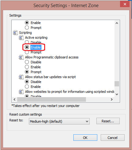 In the Security Settings – Internet Zone dialog box, click Enable for Active Scripting in the Scripting section.