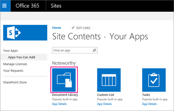 To add a new document storage container, on the Your Apps page, choose the Documents tile.