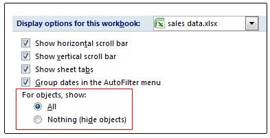 Options for showing and hiding objects in Excel Options dialog box