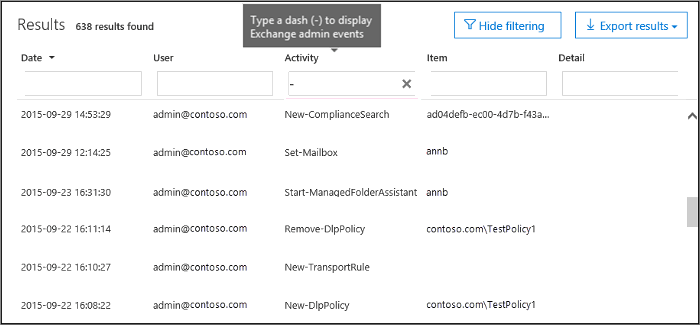 Type a dash in the Activities box to filter Exchange admin events
