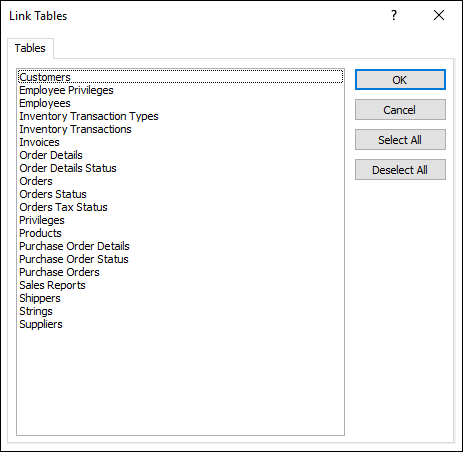 Select a table to link to on the Link Tables dialog box